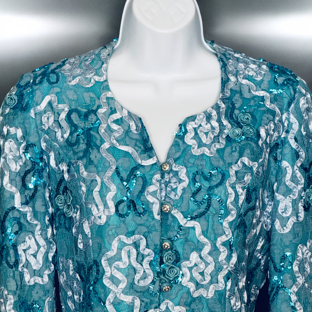 Vintage 90s Anne Crimmins Teal Sequin Lace Evening Jacket Jeweled Cocktail Sz 4